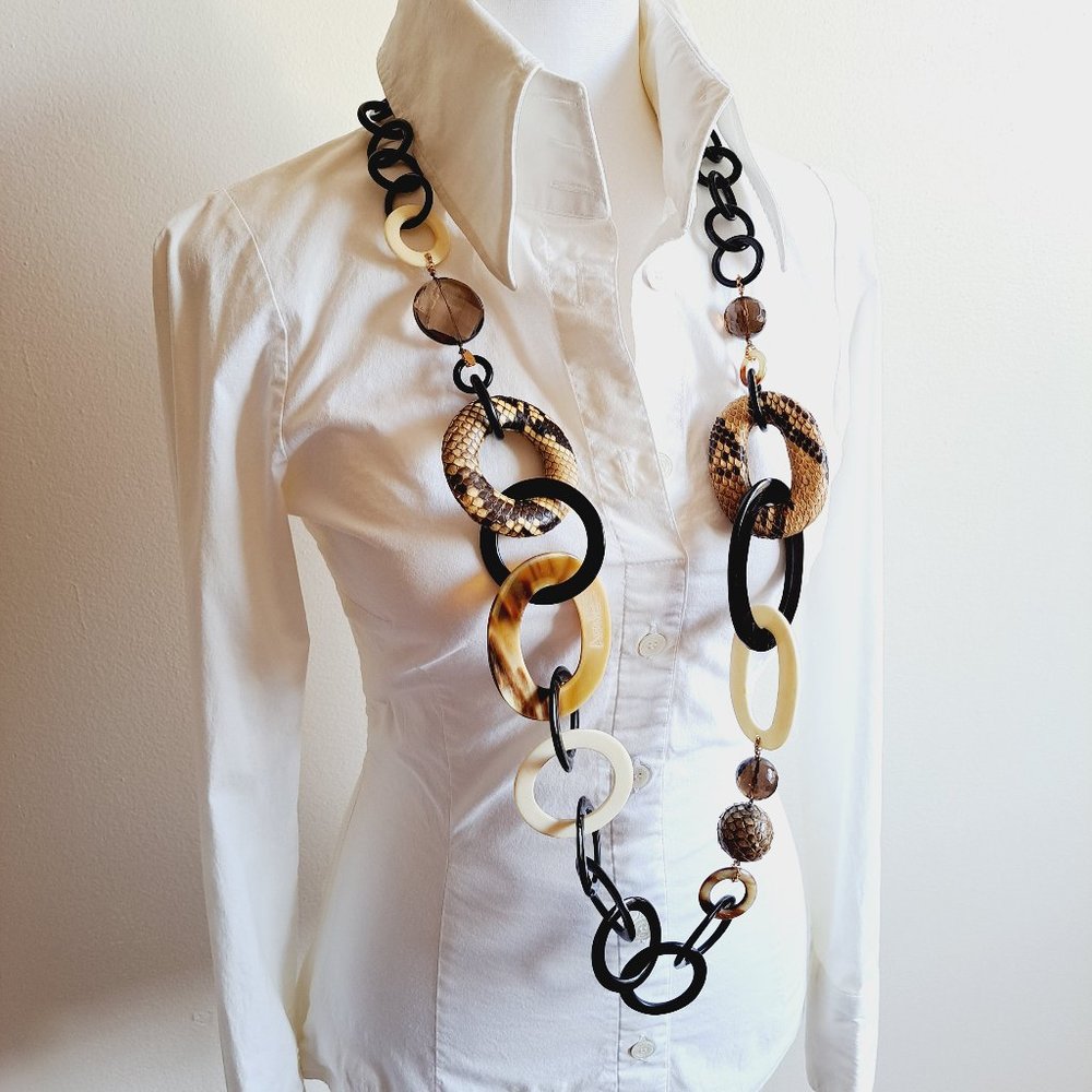 AMLE Italian Python Snakeskin Long Chain Horn Necklace - Picture 3 of 16